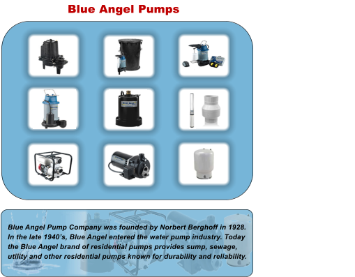 Blue Angel Pumps Blue Angel Pump Company was founded by Norbert Berghoff in 1928. In the late 1940�s, Blue Angel entered the water pump industry. Today the Blue Angel brand of residential pumps provides sump, sewage, utility and other residential pumps known for durability and reliability.